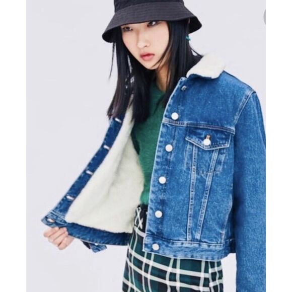 Zara Faux Shearling‎ Denim Jacket Medium Wash Blue Size Medium - Picture 1 of 8